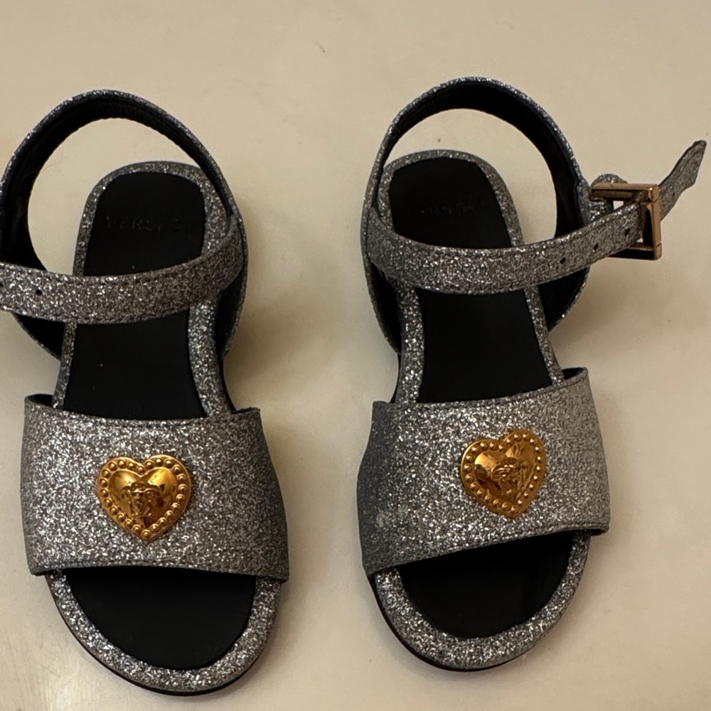 Versace Silver Glitter Kids Sandals with Gold Heart